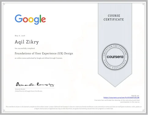 Foundations of UX Design certificate, issued by Google