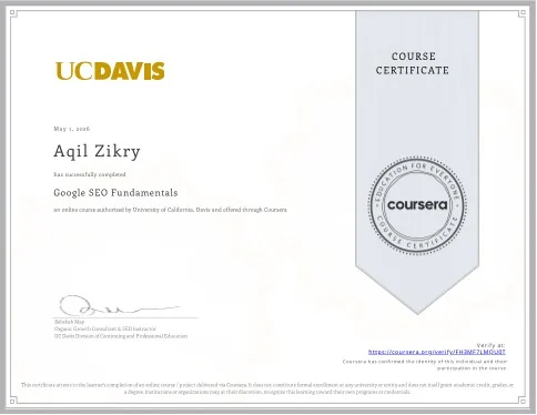 Google SEO Fundamentals certificate, issued by UC Davis