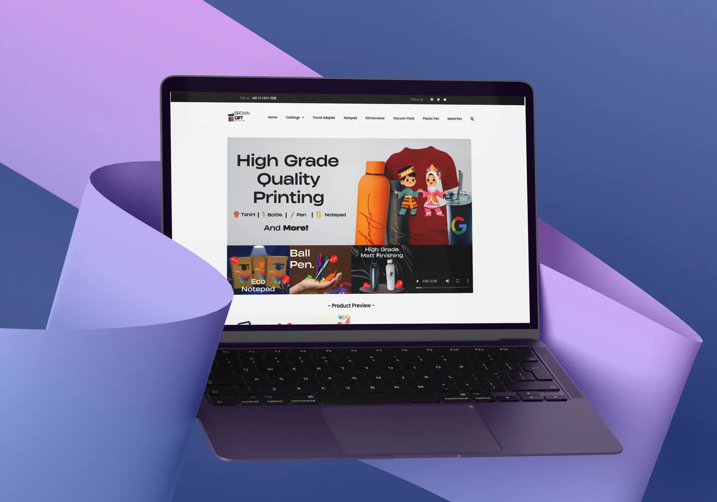 Brown Gift Printing WordPress website mockup: a printing shop homepage headed “High Grade Quality Printing”