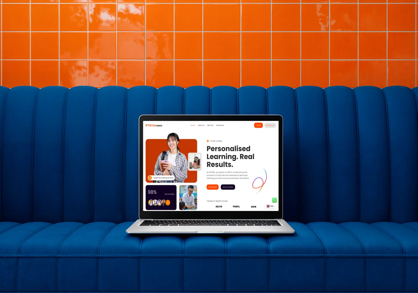 HTElite Tuition Center WordPress website mockup: a tuition landing page headed “Personalised Learning. Real Results.” on a laptop